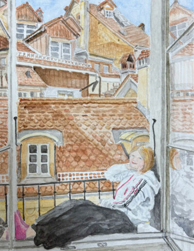Relaxing at the Mohnhaus (watercolor, 8x10)
